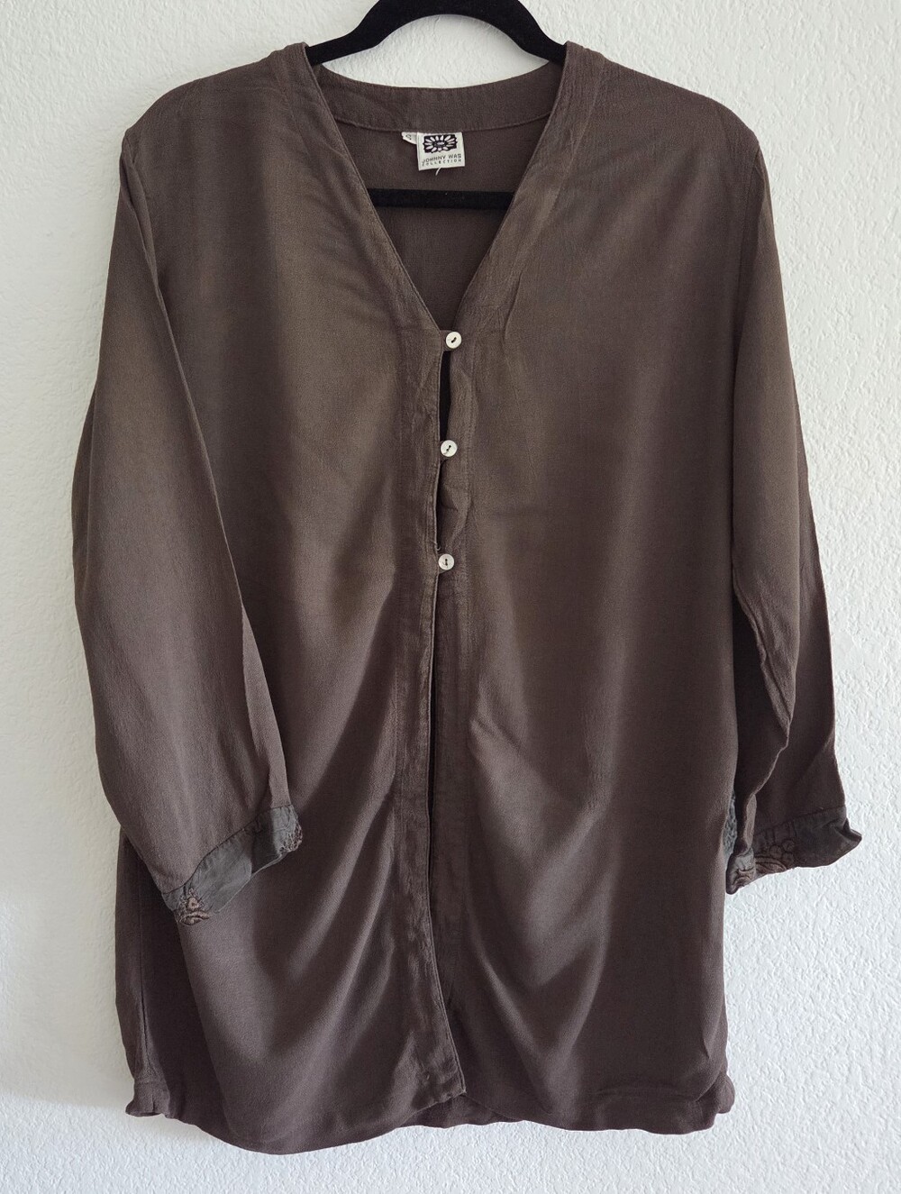 Johnny Was Womens Small Brown Pearl Button Top Embroidered Sleeve Tunic Vintage